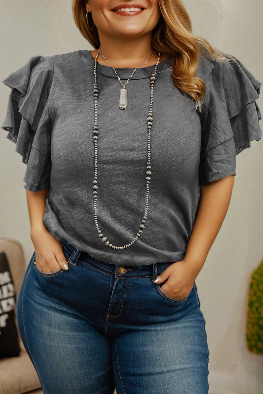 Dark Grey Ruffled Short Sleeve Plus Size Top