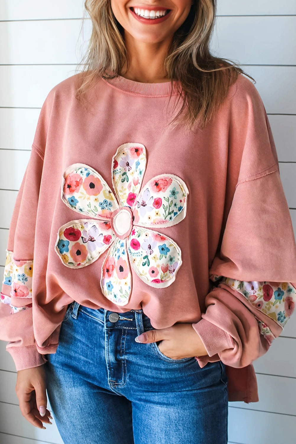 Peach Floral Baggy Pullover Sweatshirt