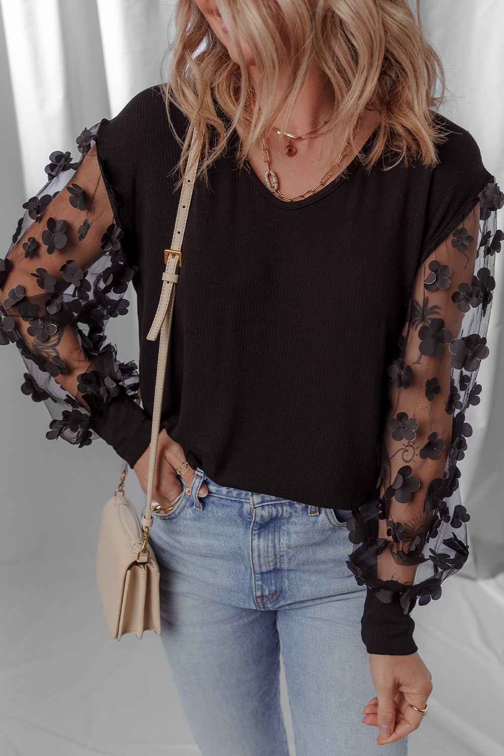 Black Flower Mesh Long Sleeve V Neck Blouse