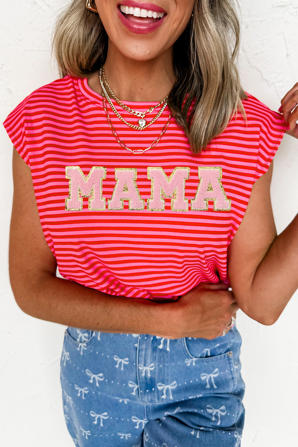 Red Stripe ‘MAMA’ Graphic Cap Sleeve T Shirt