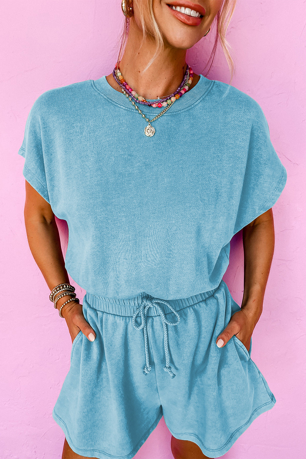 Mist Blue Mineral Wash Hollow Out Back Short Sleeve Romper