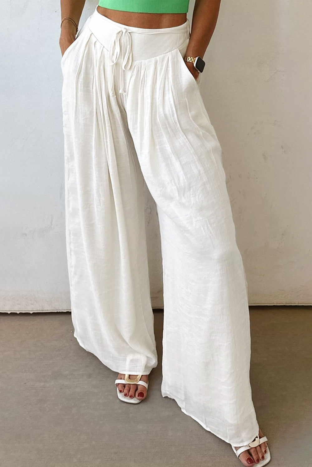 White Linen Drop Waist Pleated Wide Leg Pants