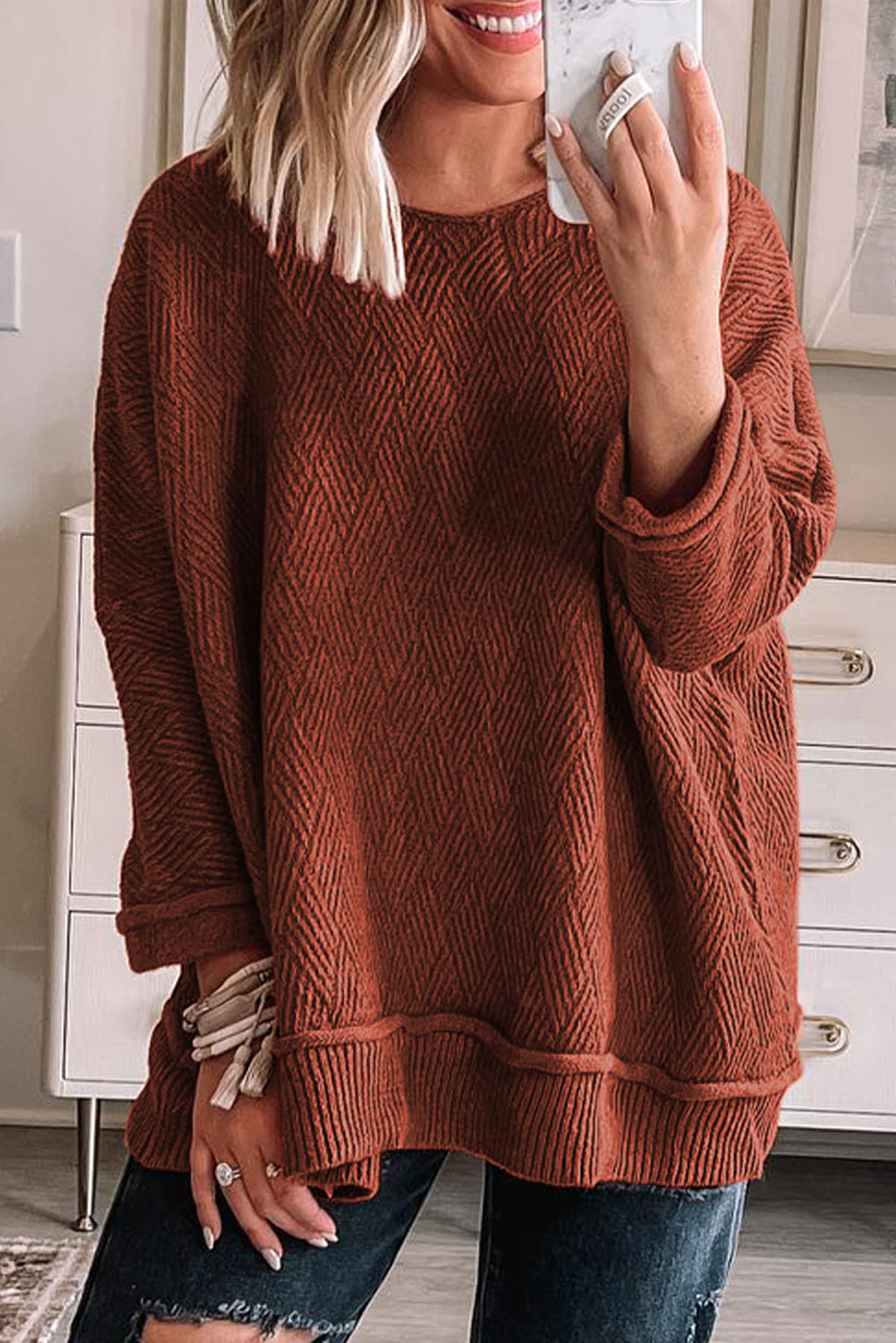 Burnt Orange Textured Crew Neck Sweater