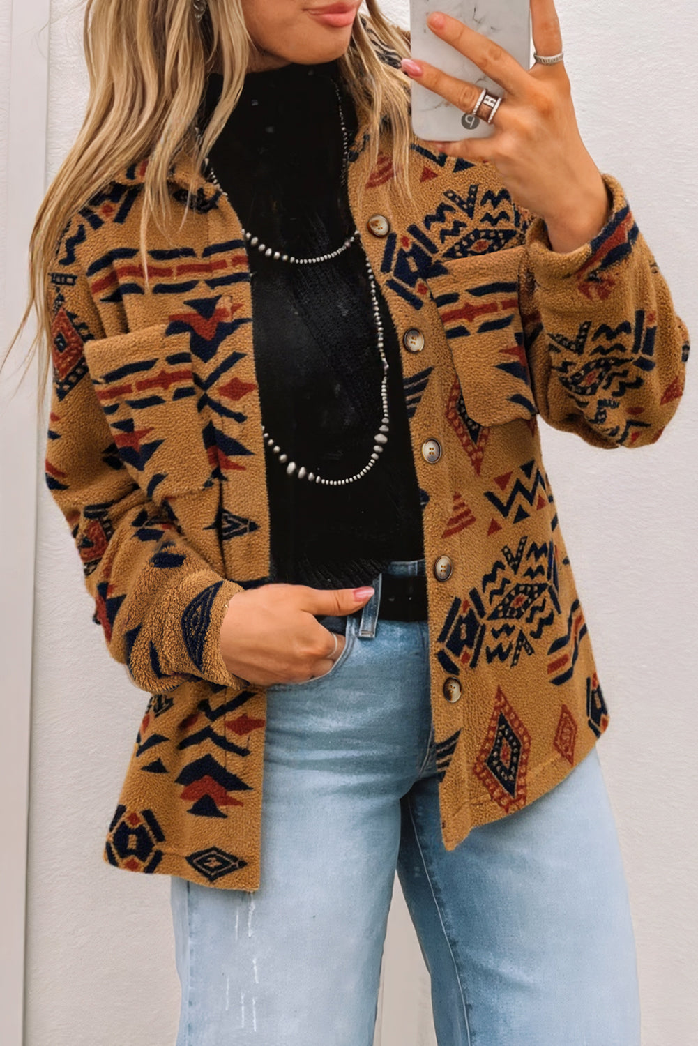 Brown Western Aztec Fleece Shacket