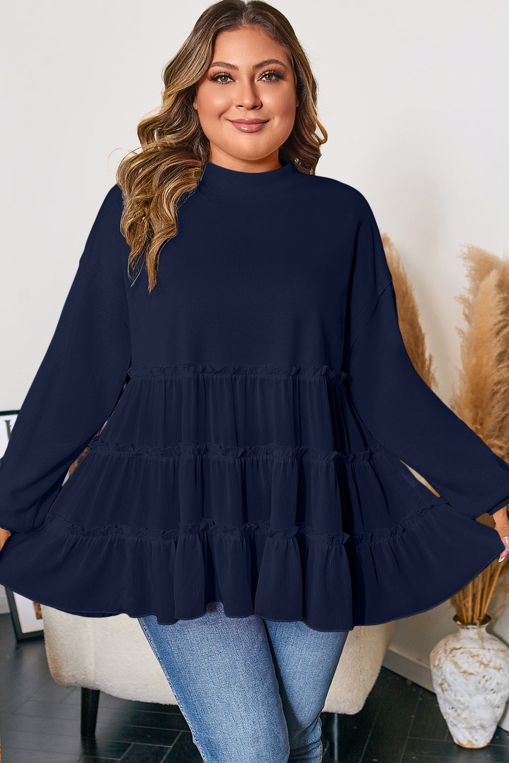 Navy Blue Tiered Ruffle Crew Neck Pullover Plus Size Top