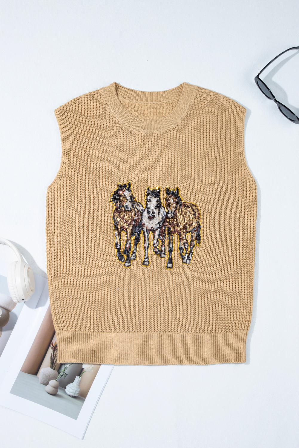 Sequin Horse Graphic Knitted Sweater Vest