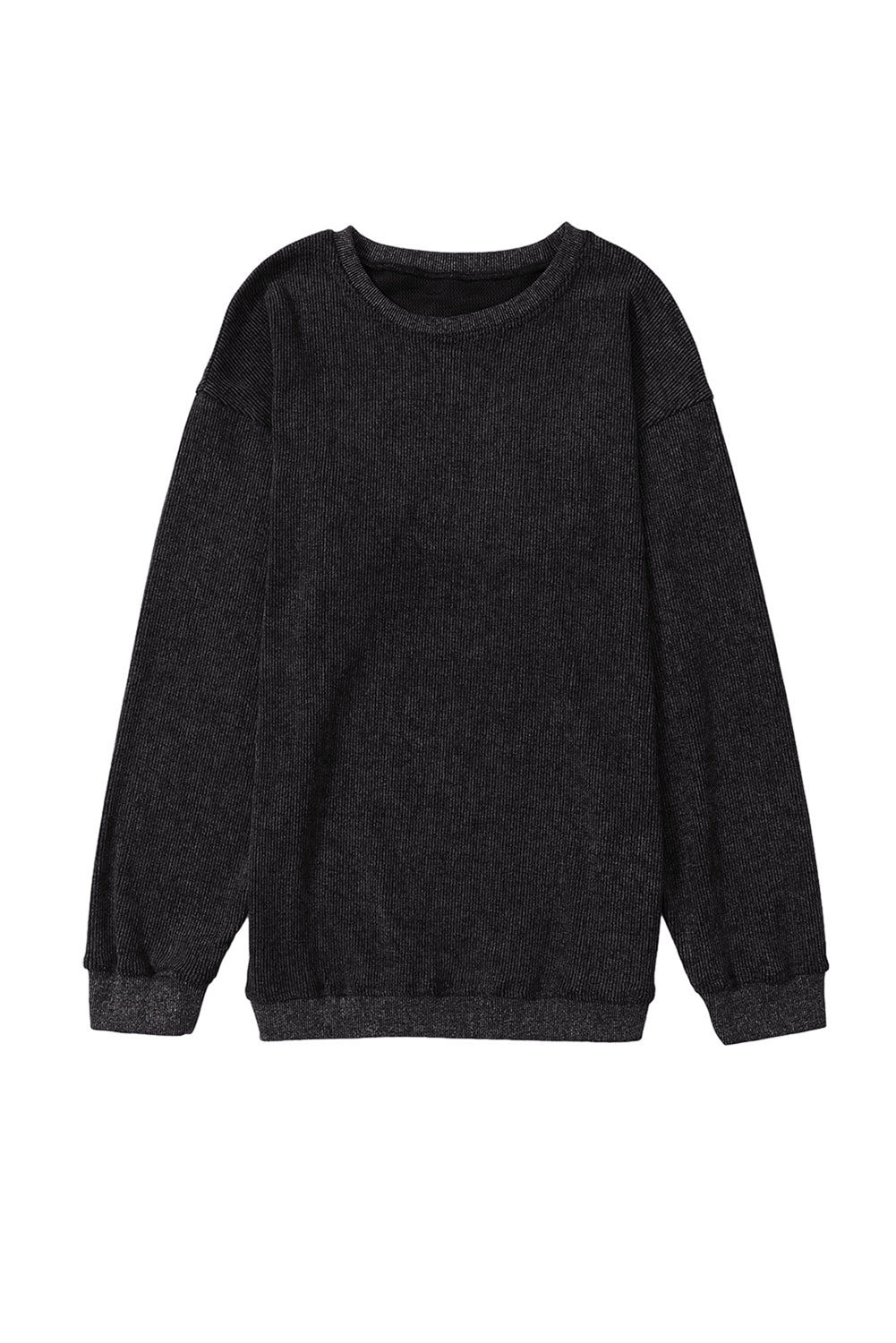 Black Solid Ribbed Knit Pullover Sweatshirt