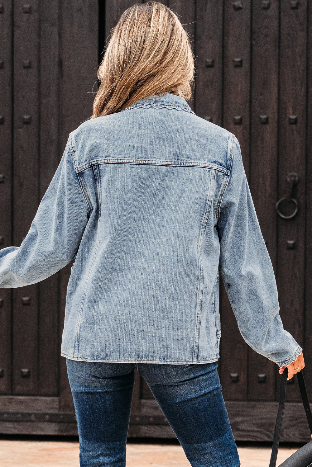Light Wash Scallop Trim Button Up Denim Jacket