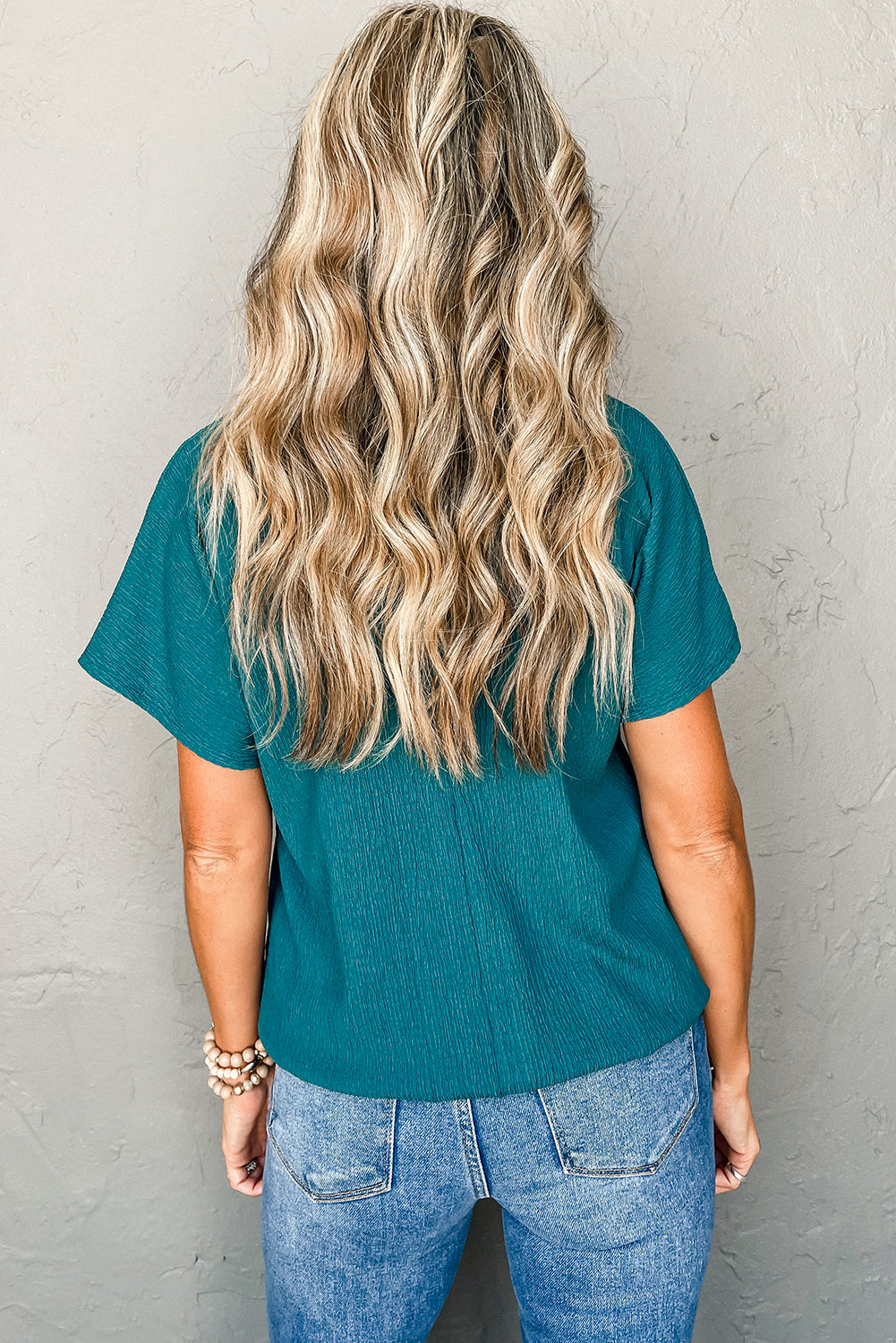Blue V Neck Wide Sleeve T-shirt
