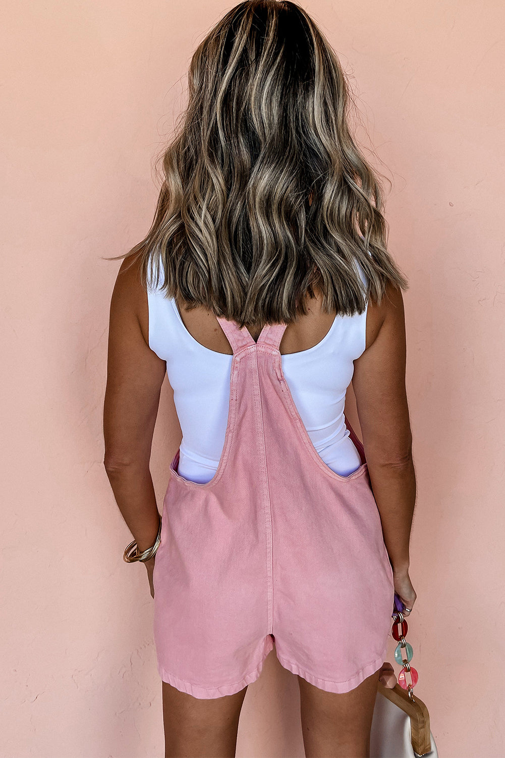Pink Knot Straps Denim Romper with Pockets