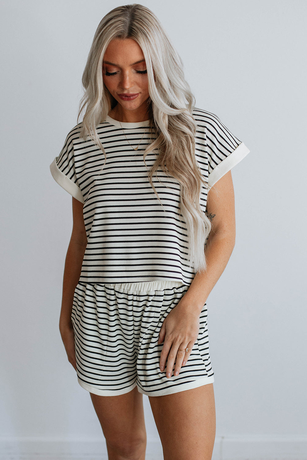 White Stripe Contrast Tee and Shorts Set