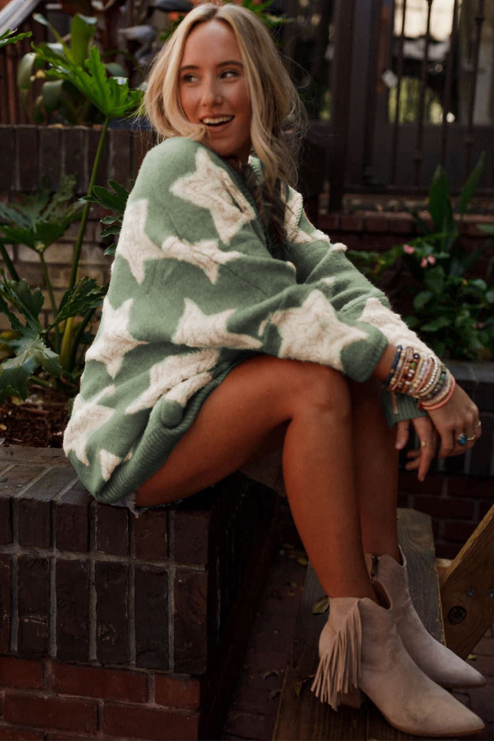 Green Sherpa Star Pattern Sweater Cardigan with Pockets