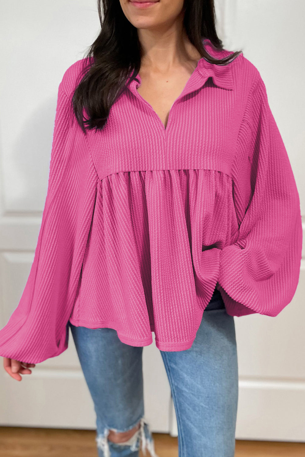 Bright Pink V Neck Bubble Sleeve Babydoll Blouse