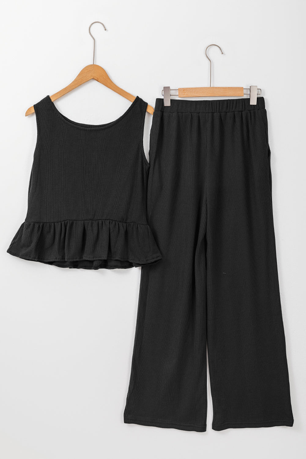 Black Ribbed Ruffle Tank Top and Pants Set
