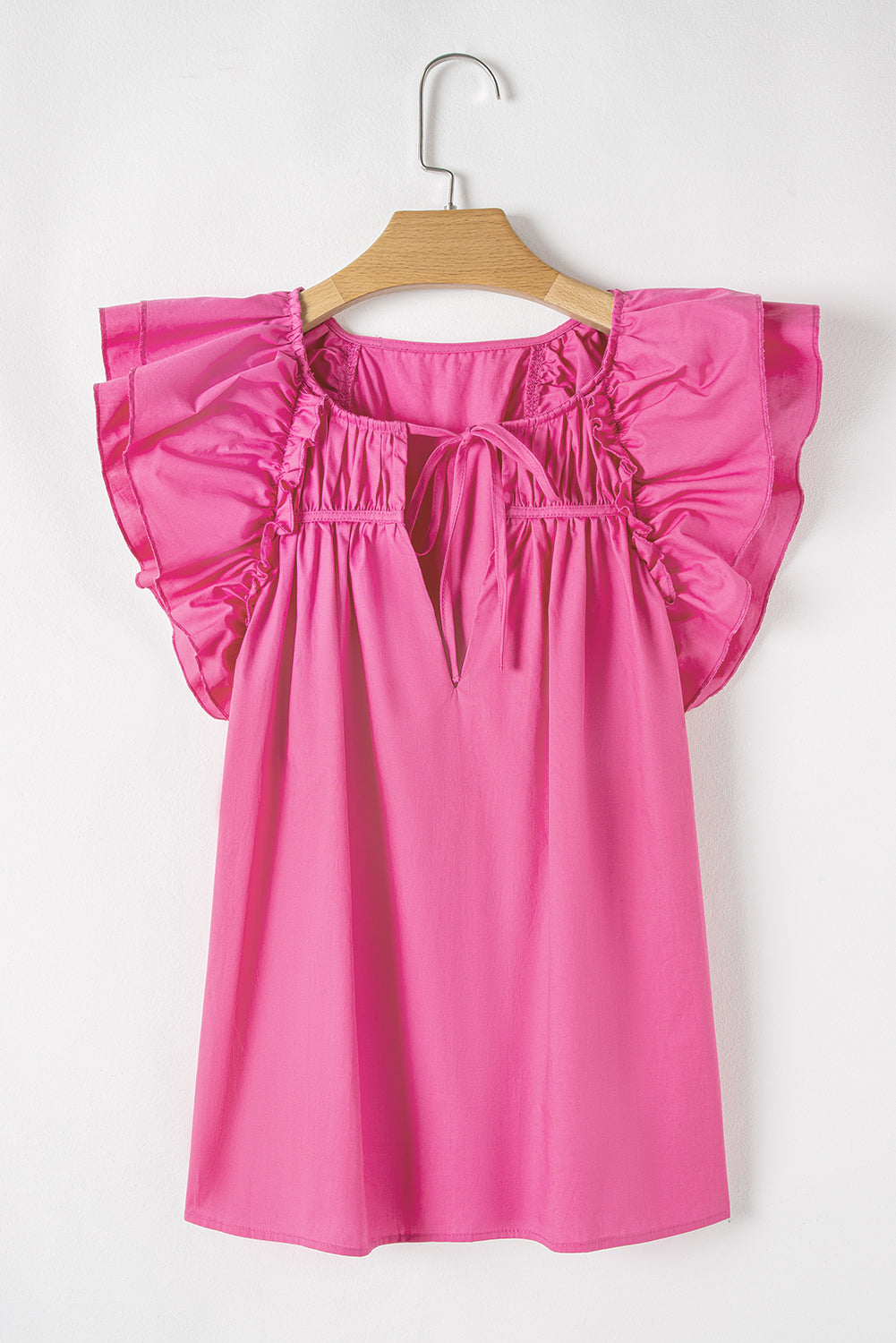 Pink Tie up V Neck Ruffled Sleeve Blouse