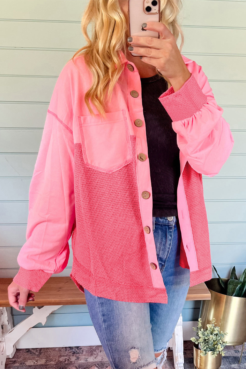 Pink Two Tone Contrast Waffle Knit Shacket
