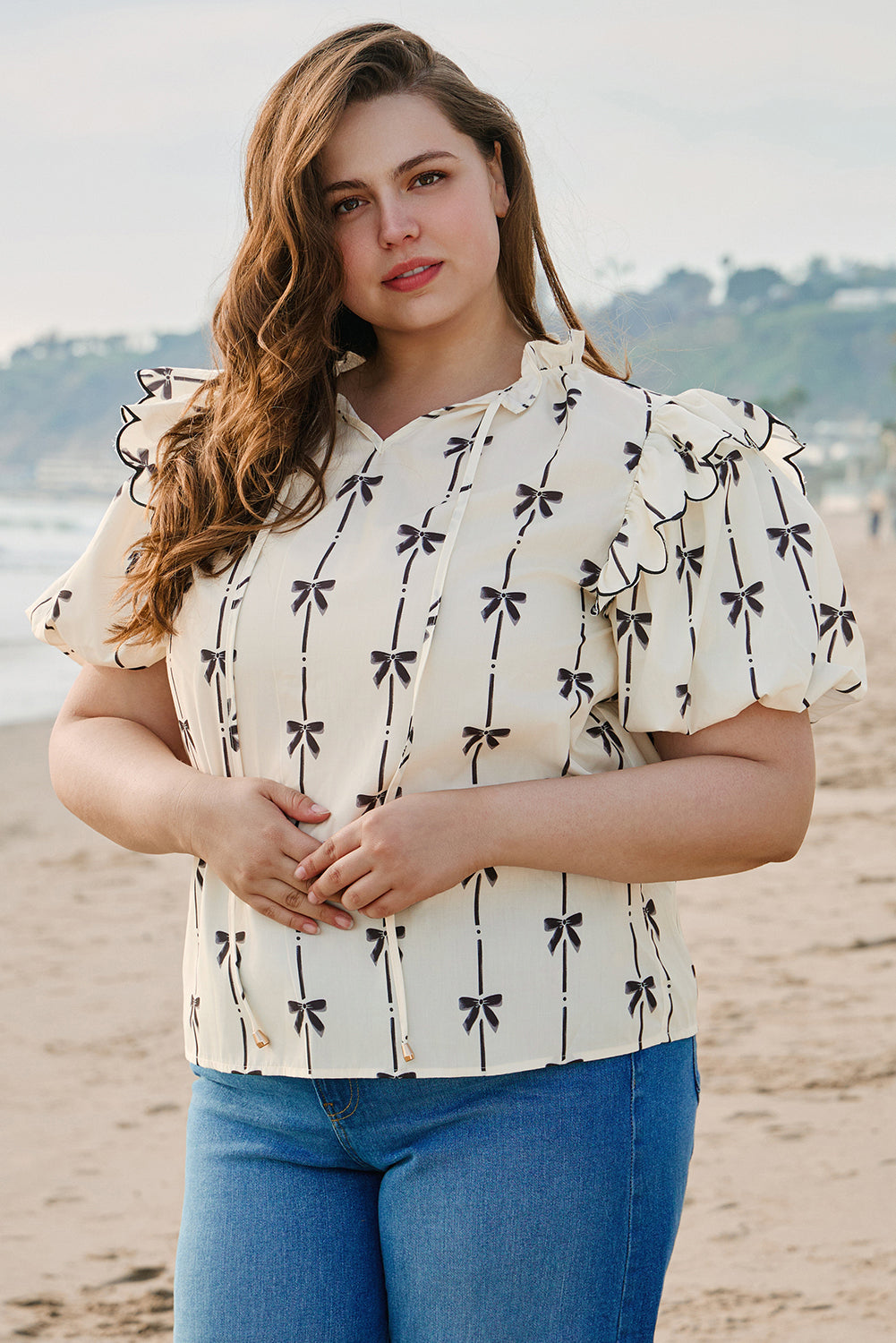 Apricot Bow Printed Bubble Sleeve Plus Size Blouse