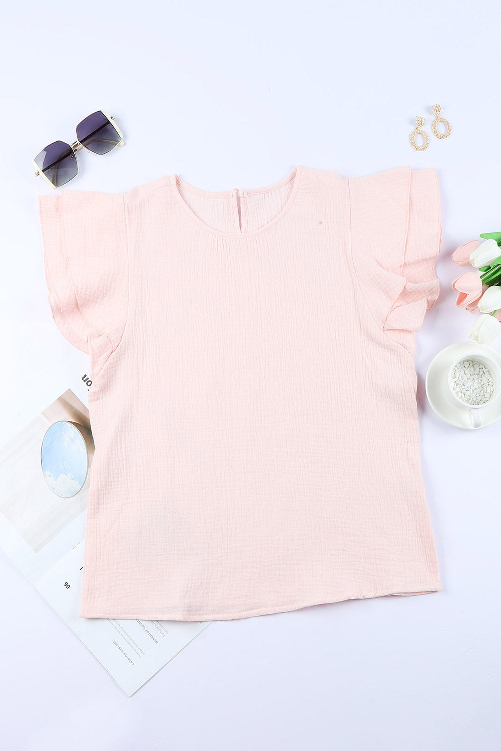 Pink Textured Tiered Short Sleeve Blouse