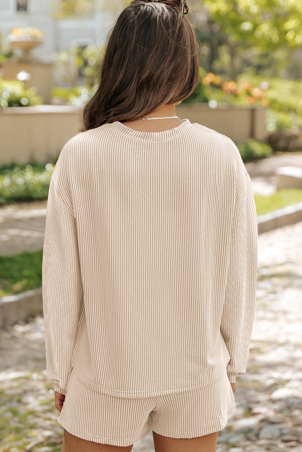 Beige Corded Knit Long Sleeve Top and High Waist Shorts Set