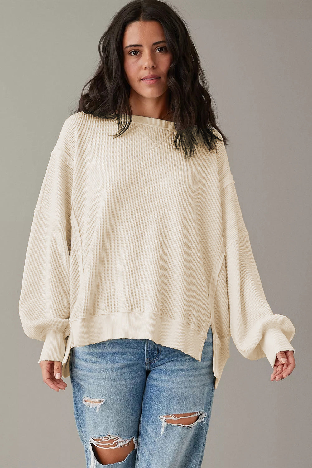 White Waffle Knit Oversized Top