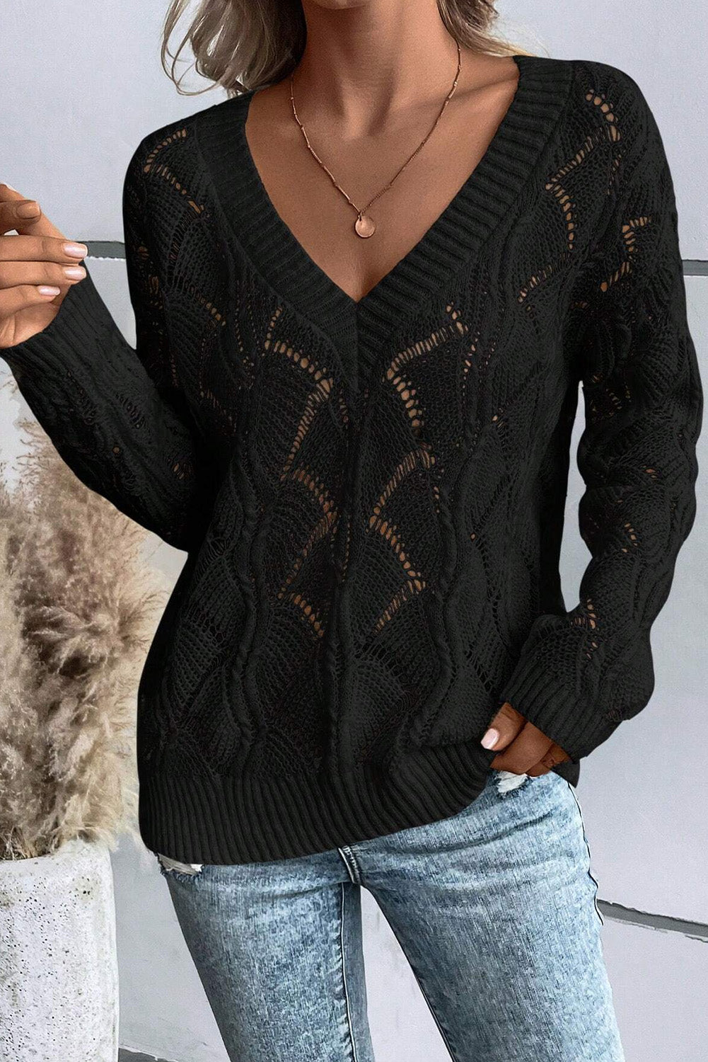 Black Hollow Out Knit Sweater