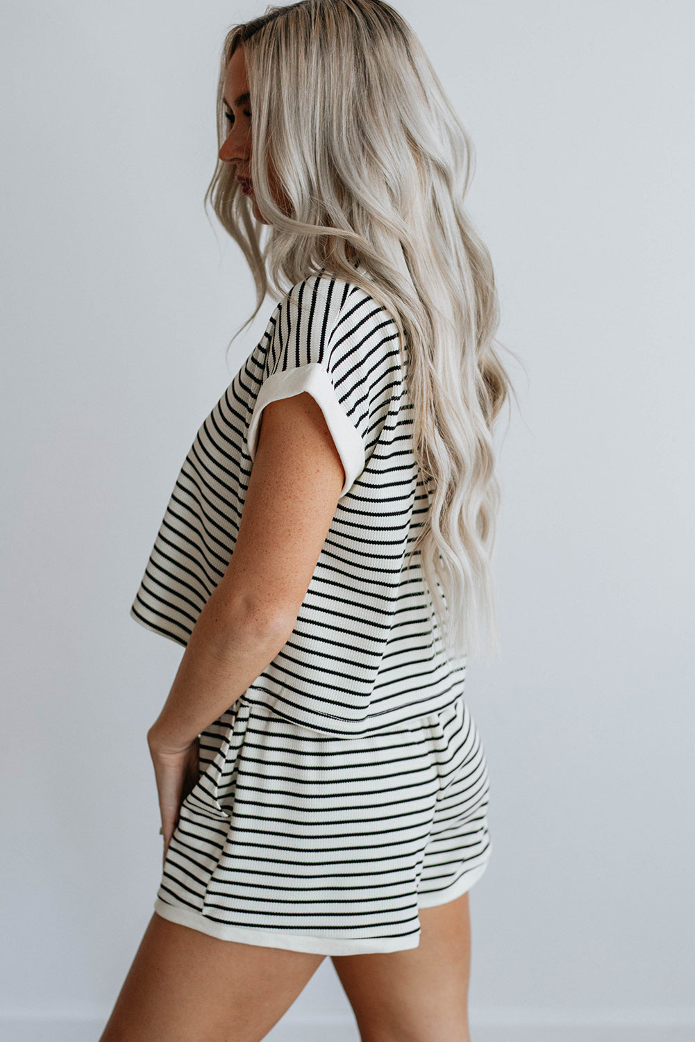 White Stripe Contrast Tee and Shorts Set