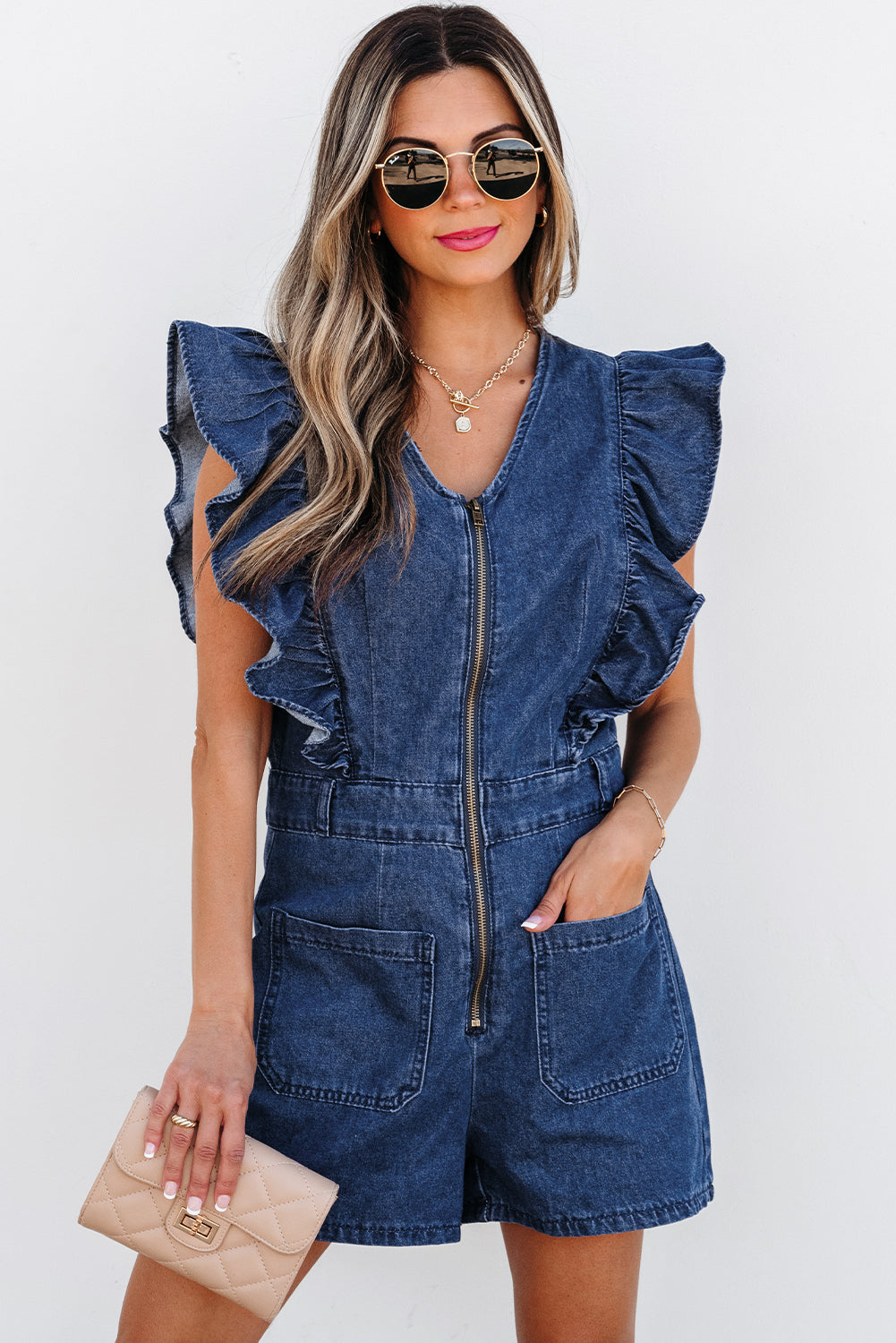 Denim Ruffled Zipped Front Romper
