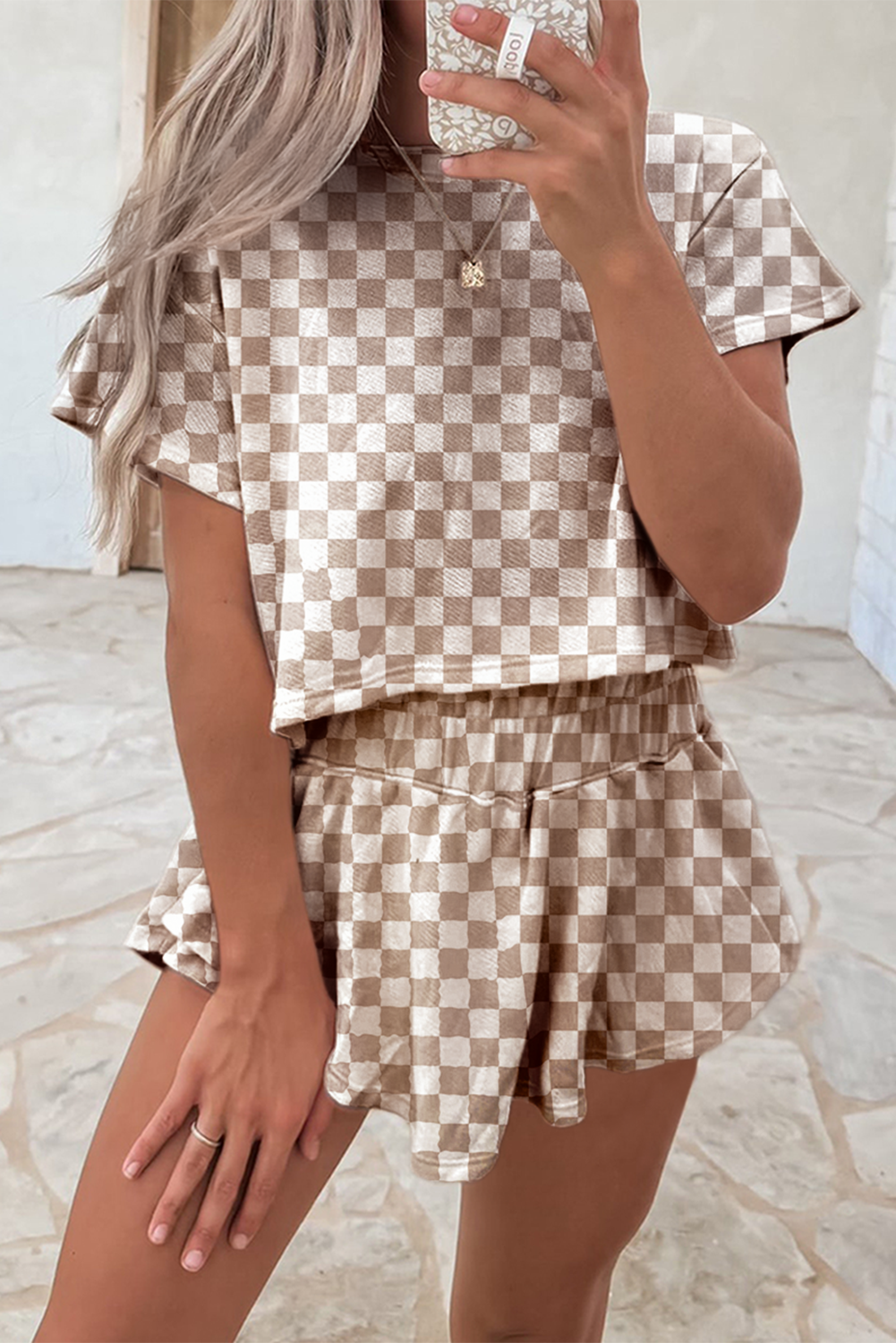 Brown Checkered T Shirt and High Waist Skort Set