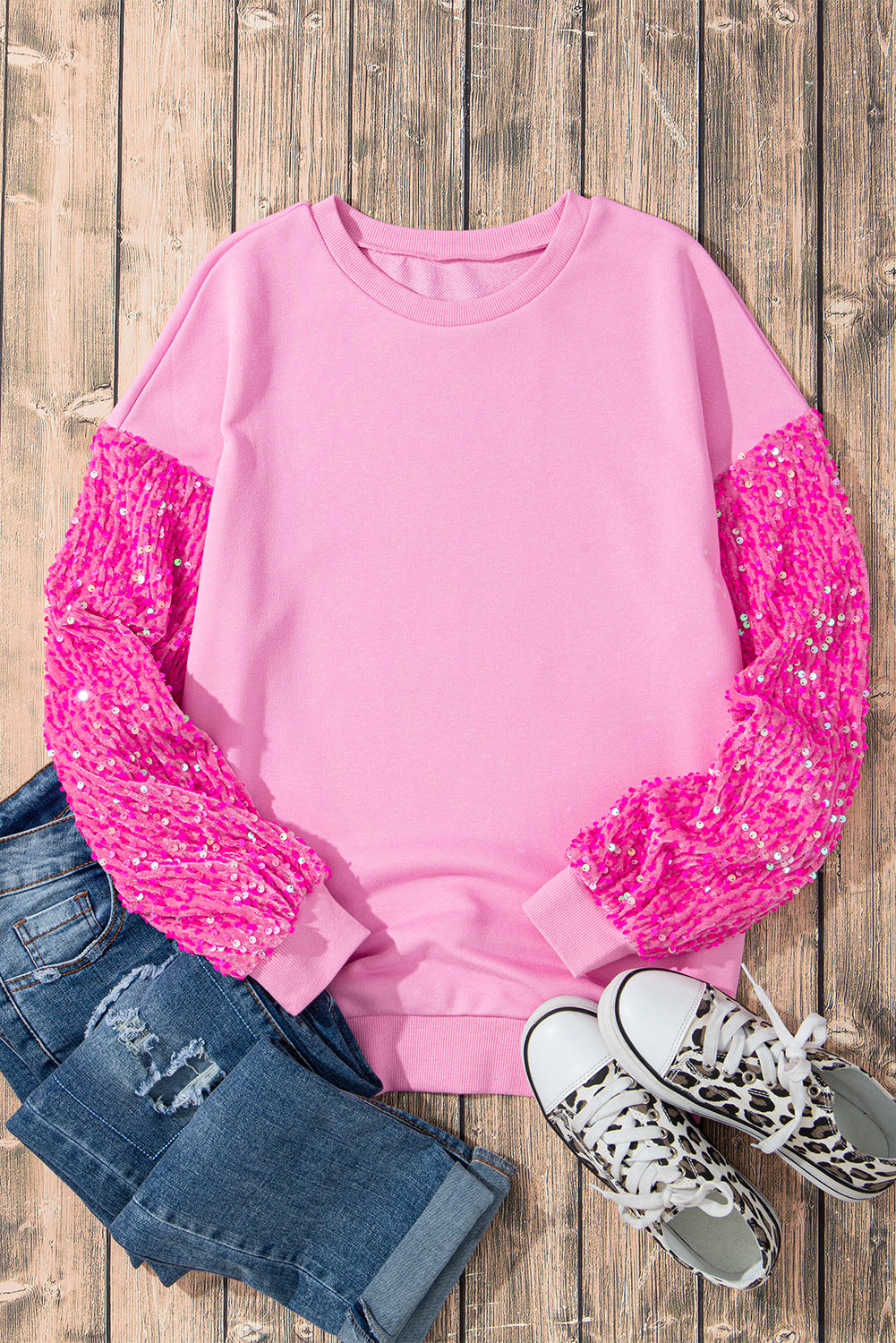 Pink Sequin Sleeve Pullover Top