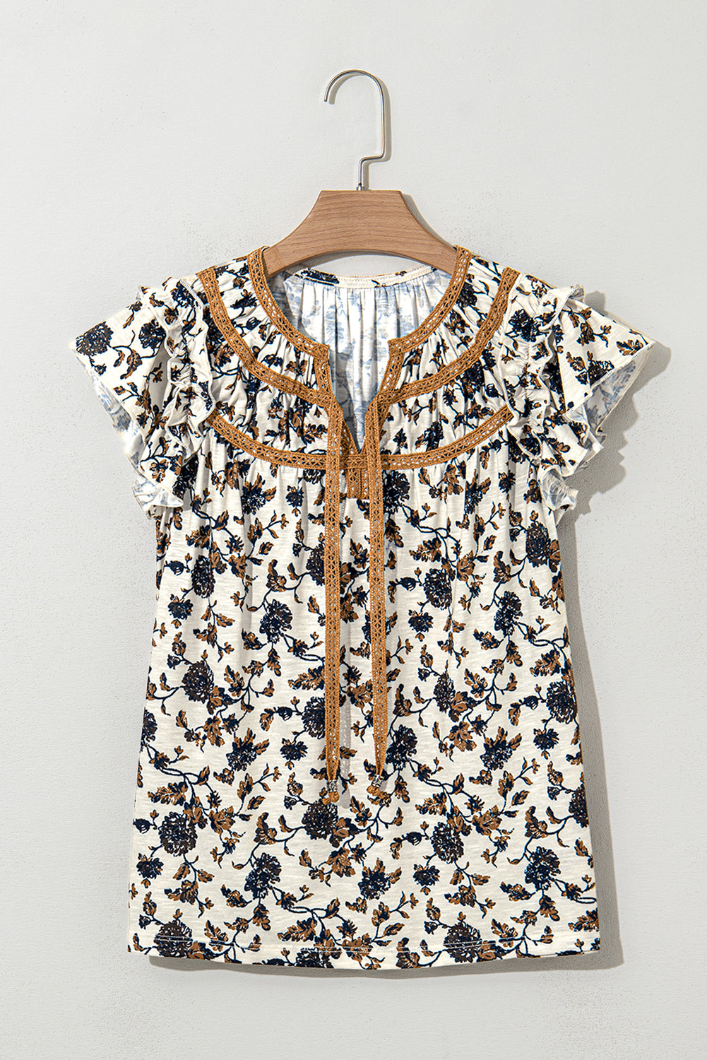 White Floral Blouse with Lace Up