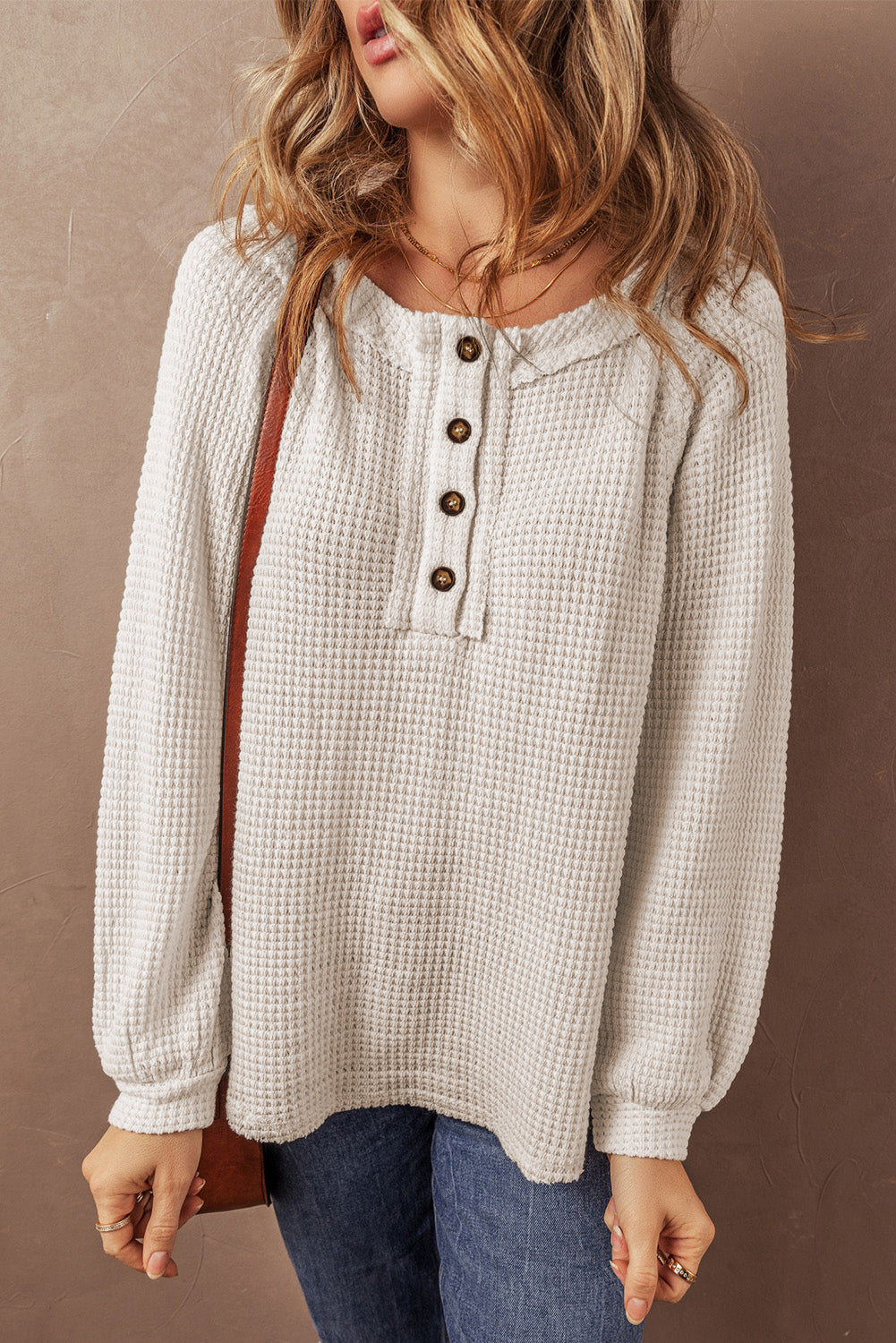 Cream Waffle Knit Buttoned Front Blouse