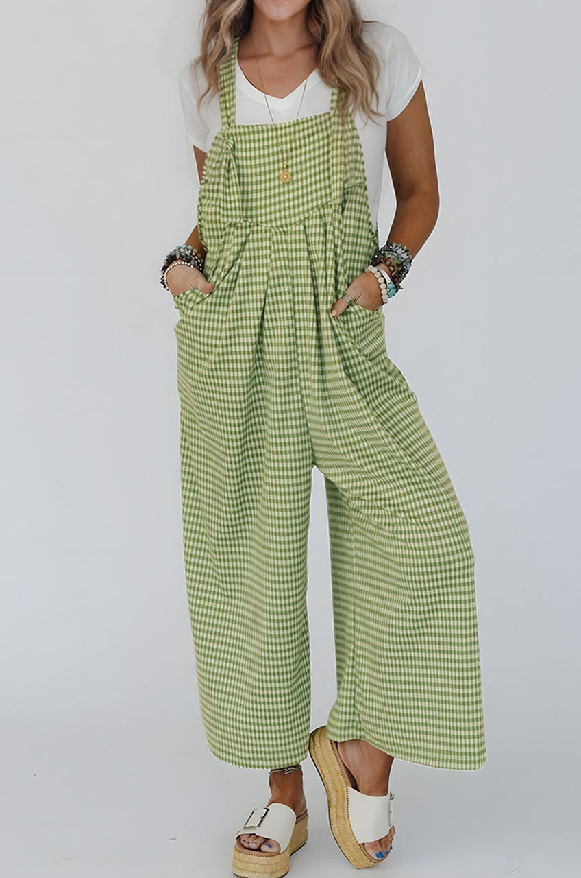 Green Gingham Wide Leg Loose Overall