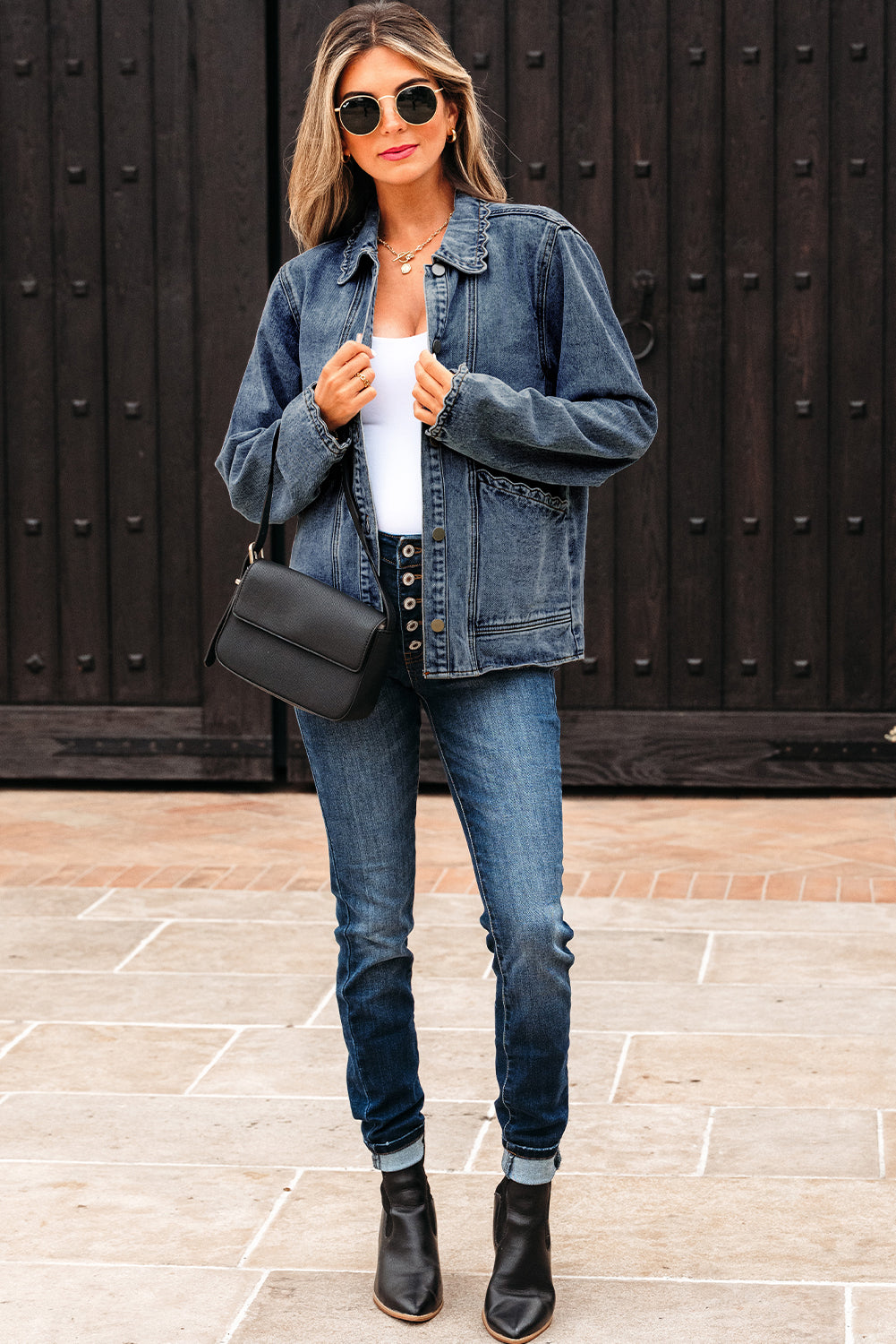 Scallop Trim Button Up Denim Jacket