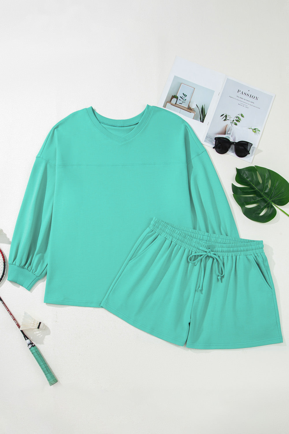 Sea Green Drop Shoulder Plus Size Set
