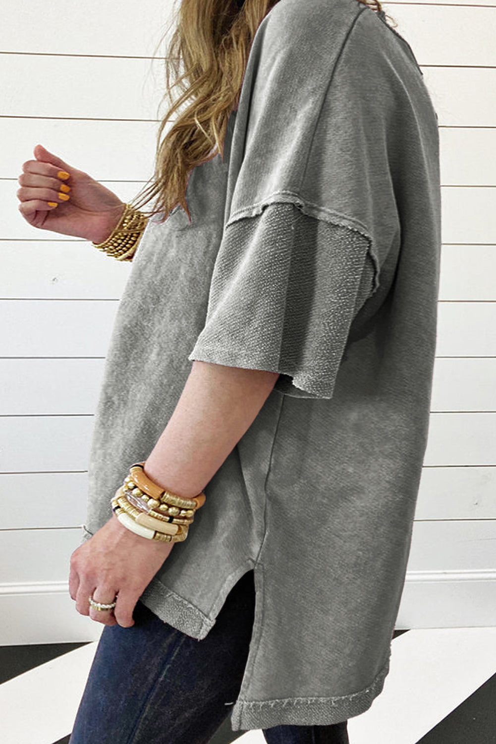 Light Grey Mineral Wash Drop Sleeve Plus Size Tee