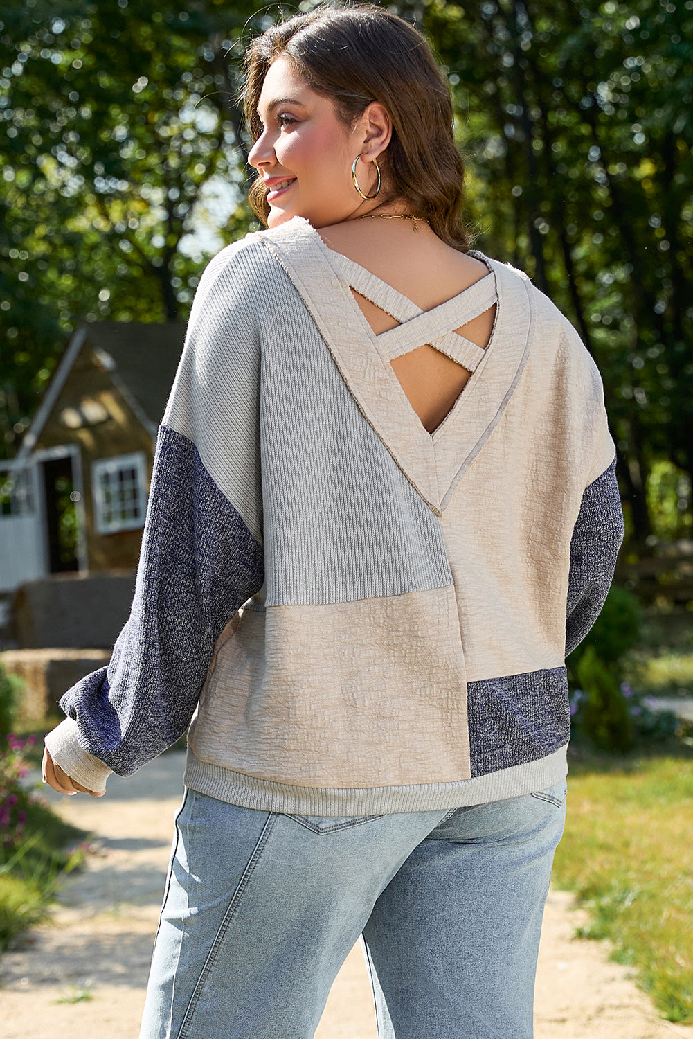 Blue Plus Size Colorblock Patchwork V Neck Top