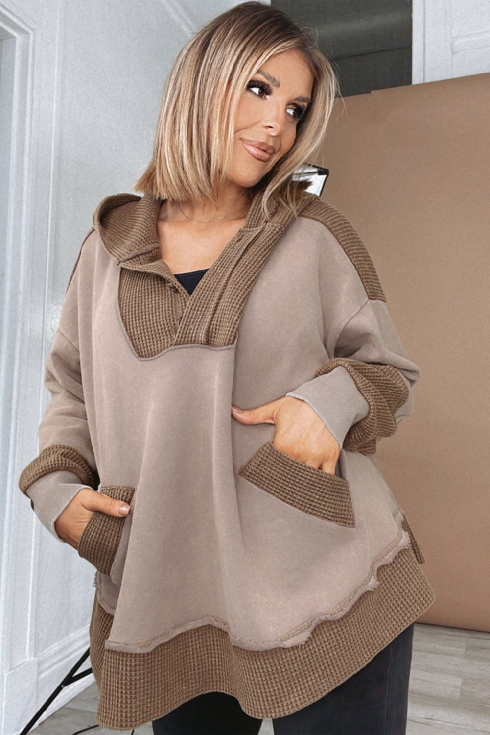 Brown Contrast Patchwork Plus Size Pocketed Hoodie