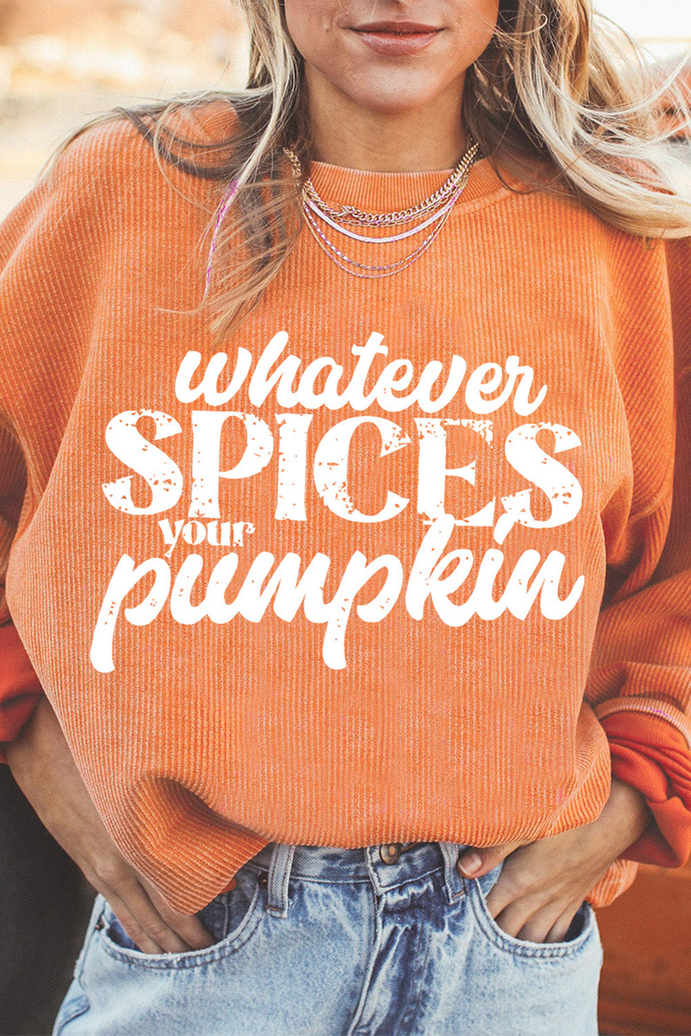 Orange ‘Whatever Spices Your Pumpkin’ Corded Pullover Sweatshirt