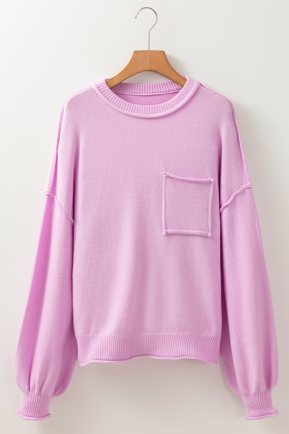 Pink Raw Edge Ribbed Drop Shoulder Sweater