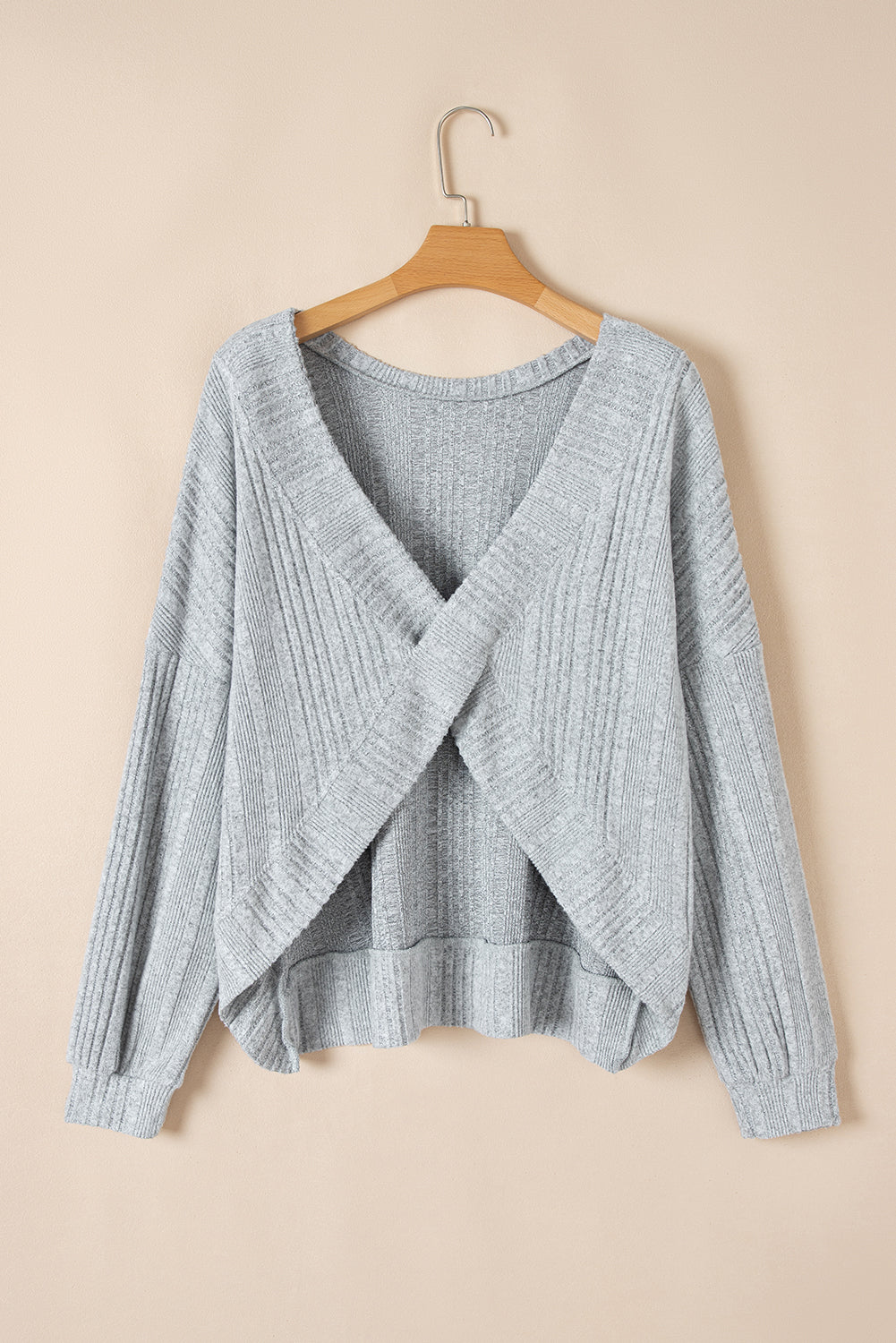 Light Grey Crossover Knit Long Sleeve Top