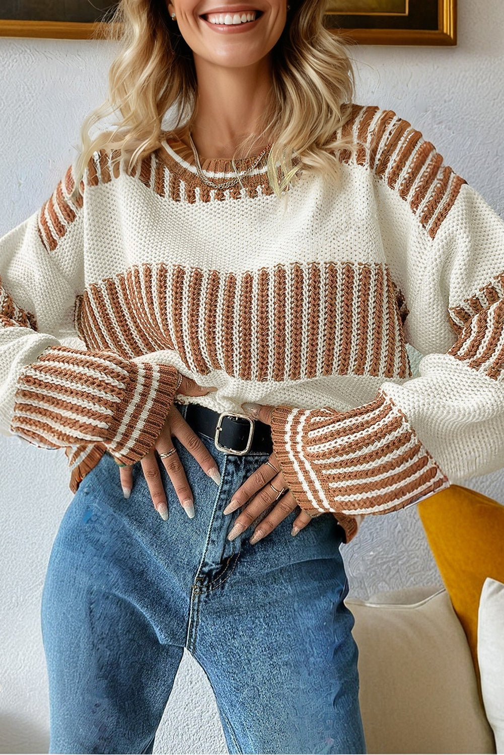 Khaki Two Tone Striped Loose Sweater