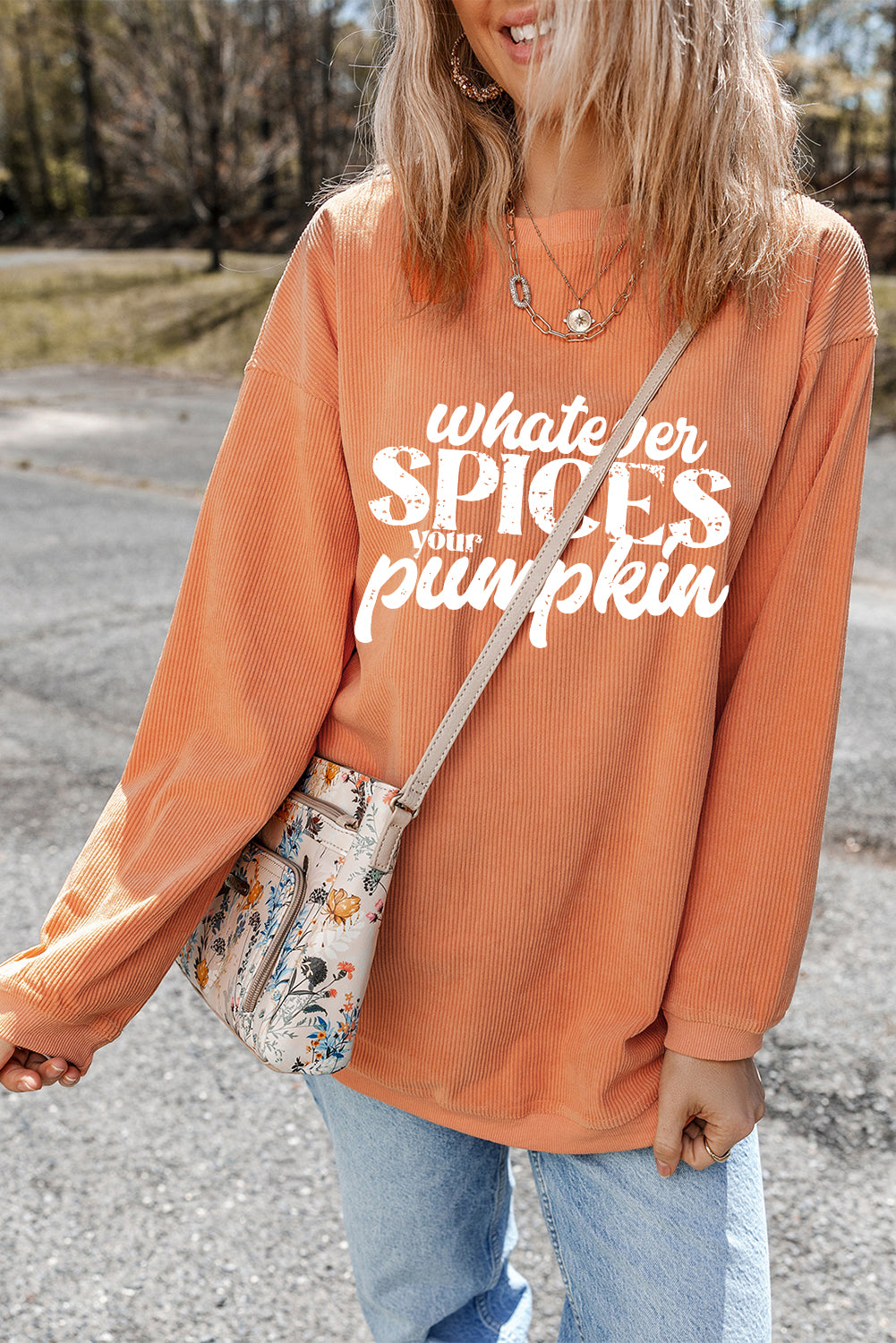 Orange ‘Whatever Spices Your Pumpkin’ Corded Pullover Sweatshirt