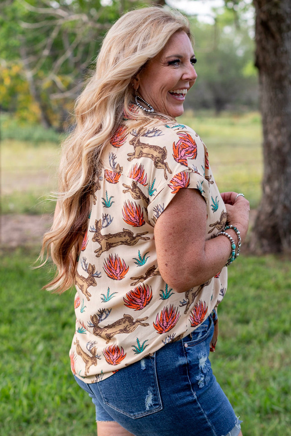 Khaki Plus Size Western Pattern Short Sleeve Shirt