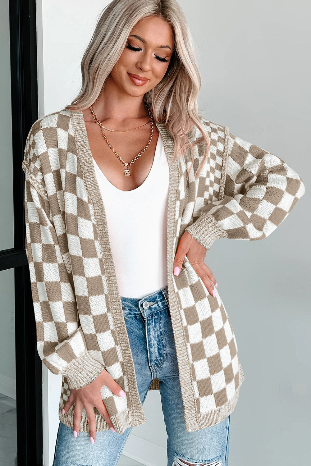 Brown Checkered Open Front Cardigan