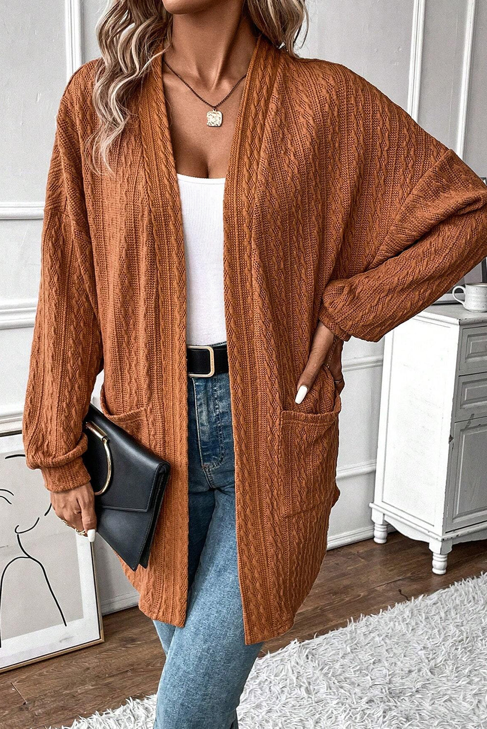 Chestnut Textured Knit Open Front Cardigan