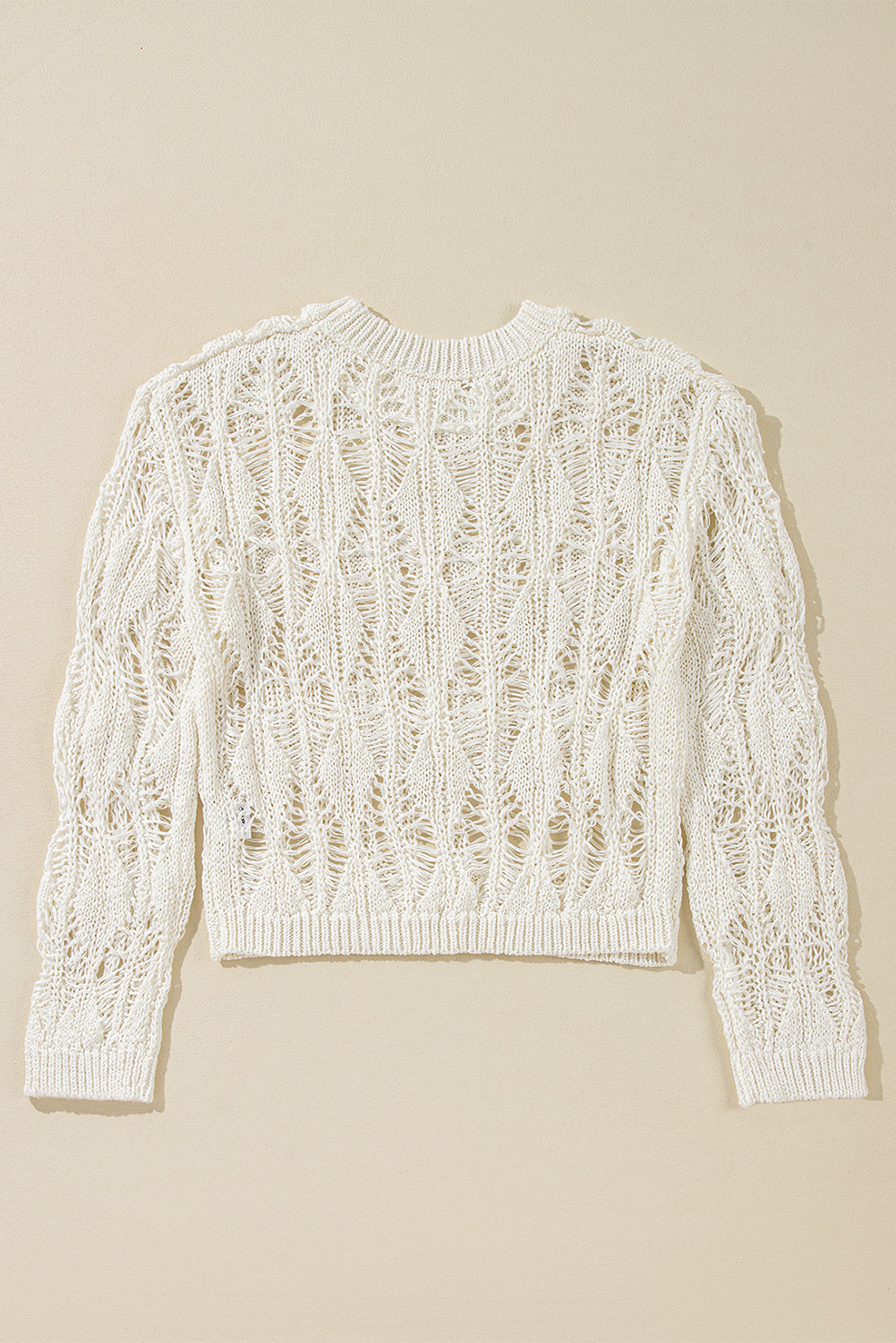 White Crochet Crew Neck Loose Fit Sweater