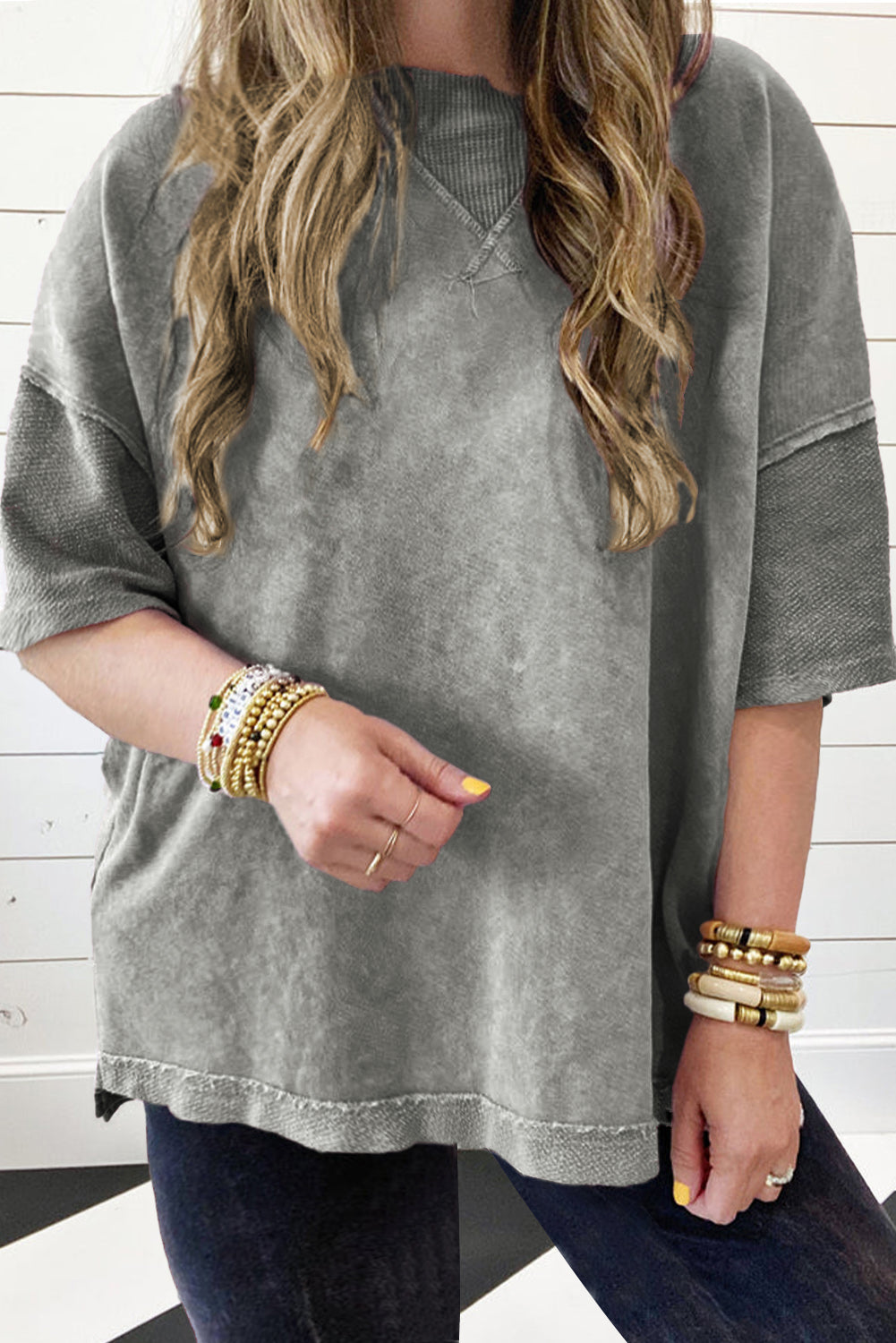Light Grey Mineral Wash Drop Sleeve Plus Size Tee