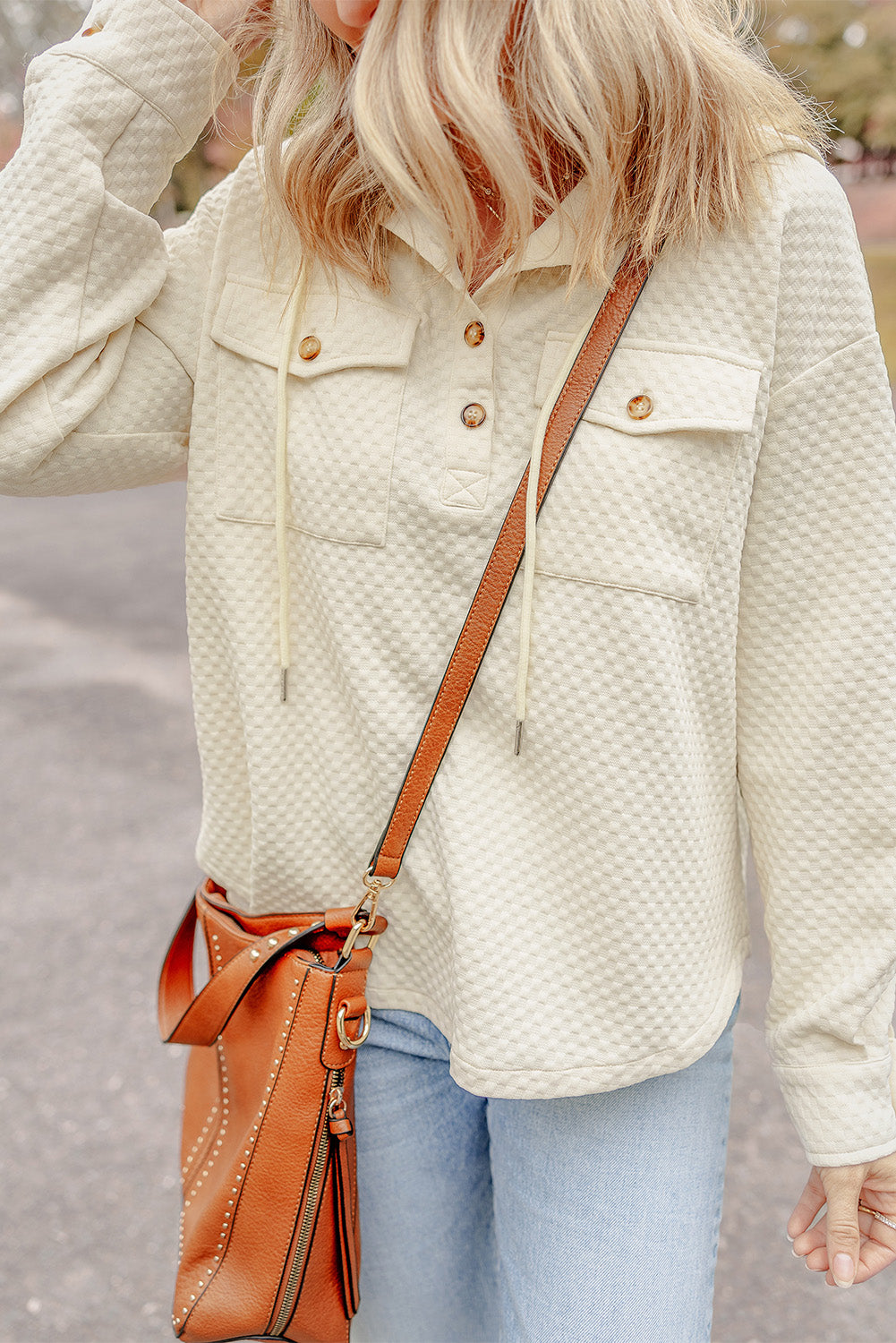 Apricot Textured Buttoned Hoodie