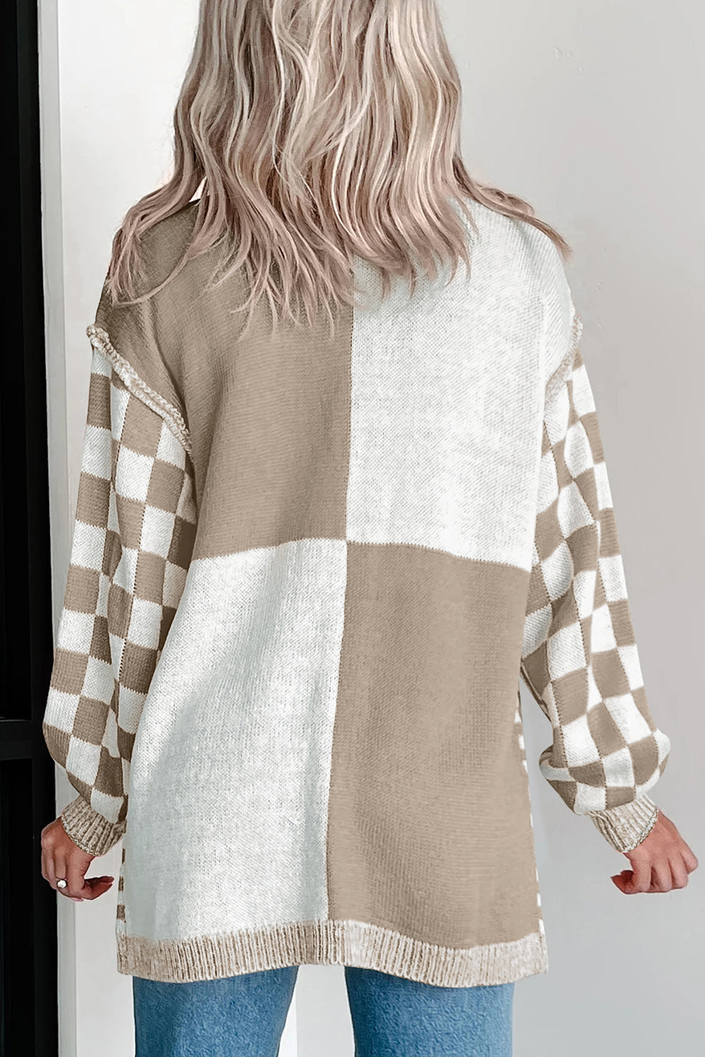 Brown Checkered Open Front Cardigan