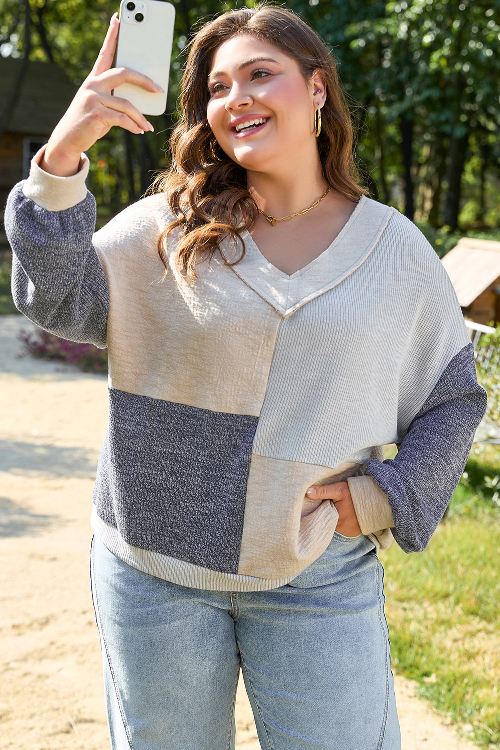 Blue Plus Size Colorblock Patchwork V Neck Top